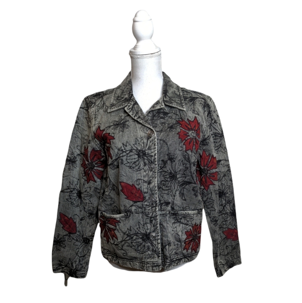 French laundry jean jacket poinsettia Applique